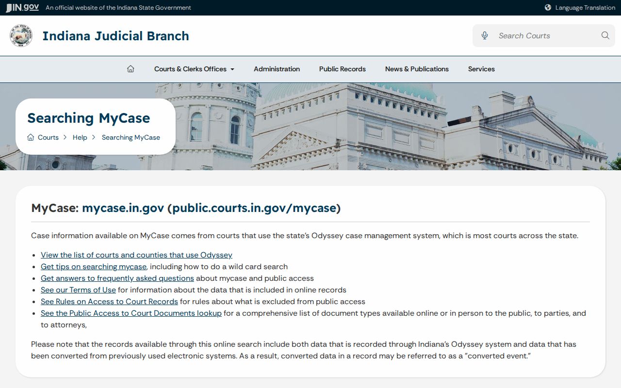 Indiana MyCase public access limitations
