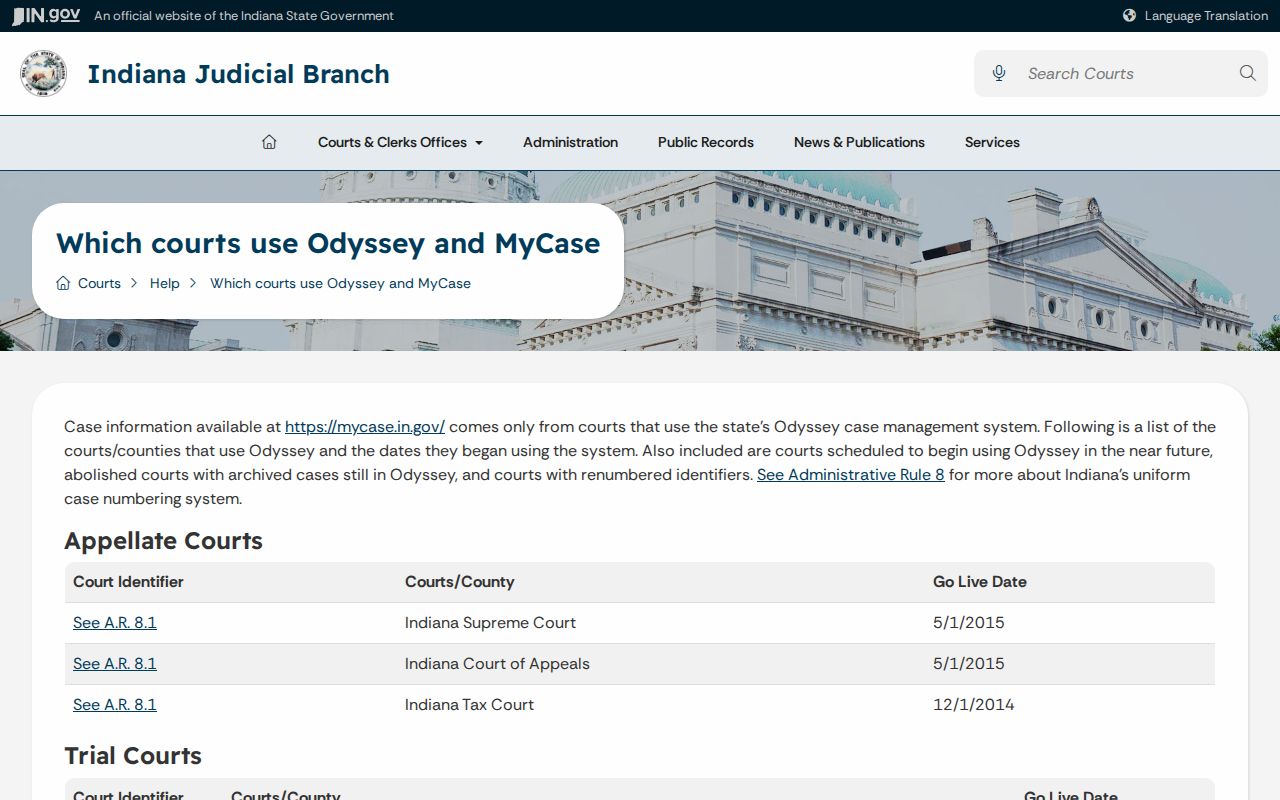 Odyssey listing for Adams courts