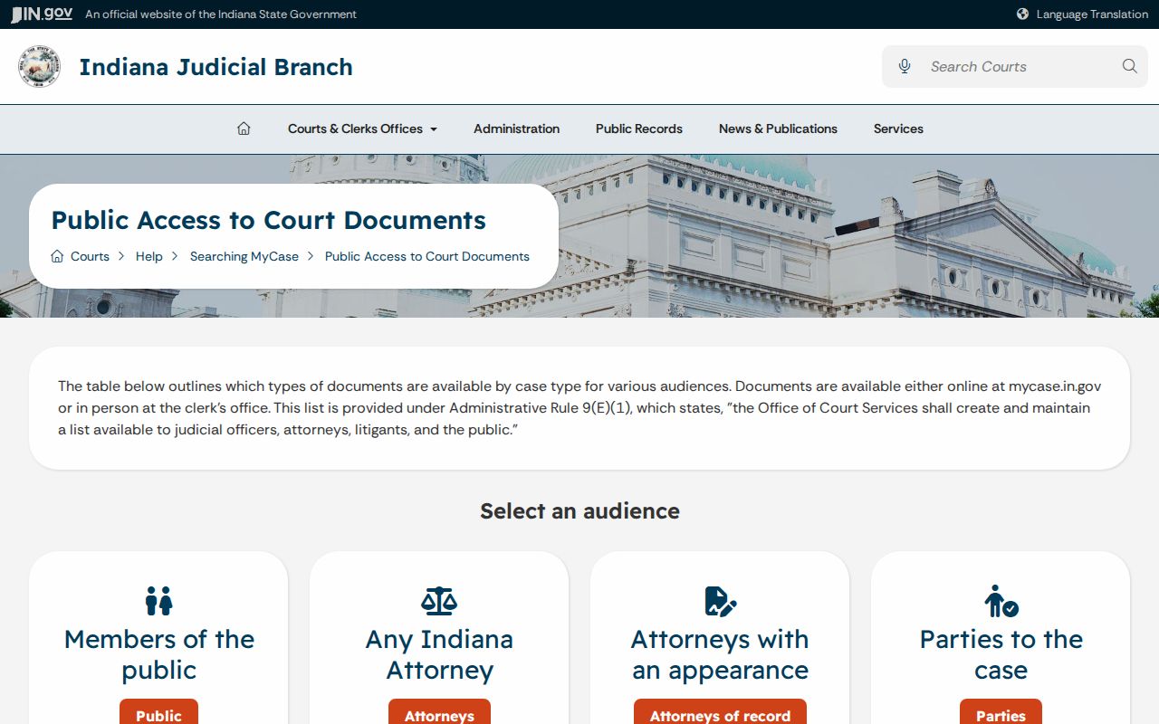 Indiana court document access matrix